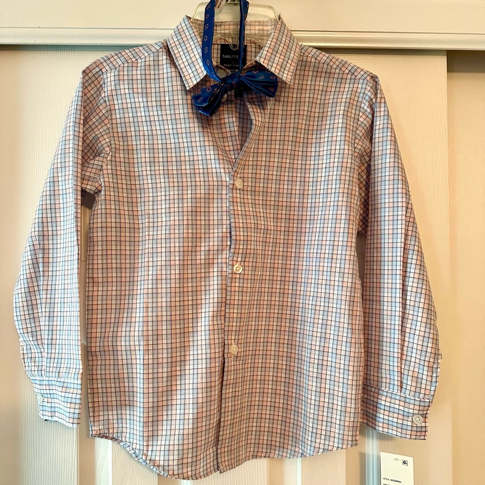 Nautica Boy's Striped plaid Button Down Long Sleeve Shirt w/ Bow Tie Size 7-NWT